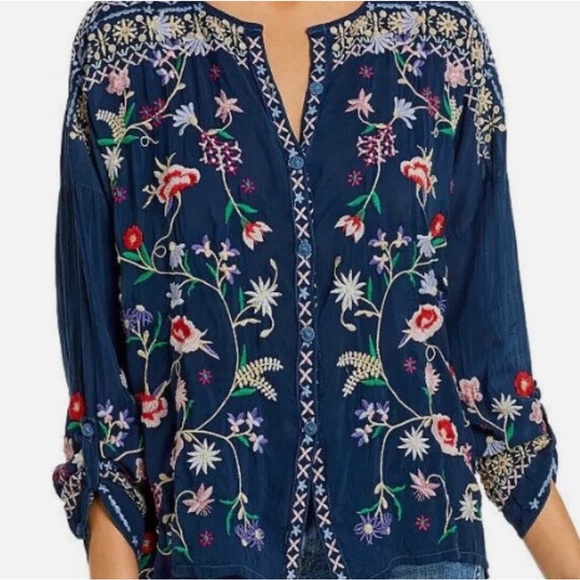 Johnny Was Tops - Johnny Was Women’s Navy Blue Blouse With Floral a embroidery Blouse. Size Medium